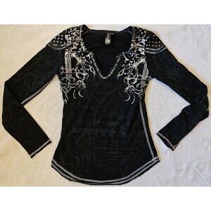 Vintage Pepe Jeans Women's Rhinestone Bling Slim Fit Long Sleeve Shirt Black